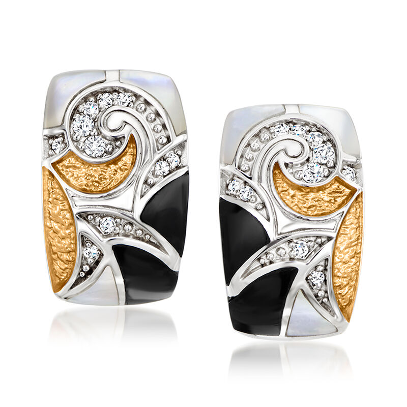 Belle Etoile &quot;Moon River&quot; Mother-of-Pearl and Onyx Earrings with CZ Accents in Two-Tone Sterling Silver  image number 0