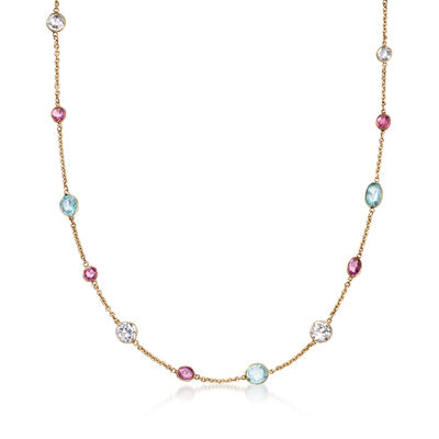 C. 1980 Vintage 18.40 ct. t.w. Multi-Gemstone Station Necklace in 14kt Yellow Gold