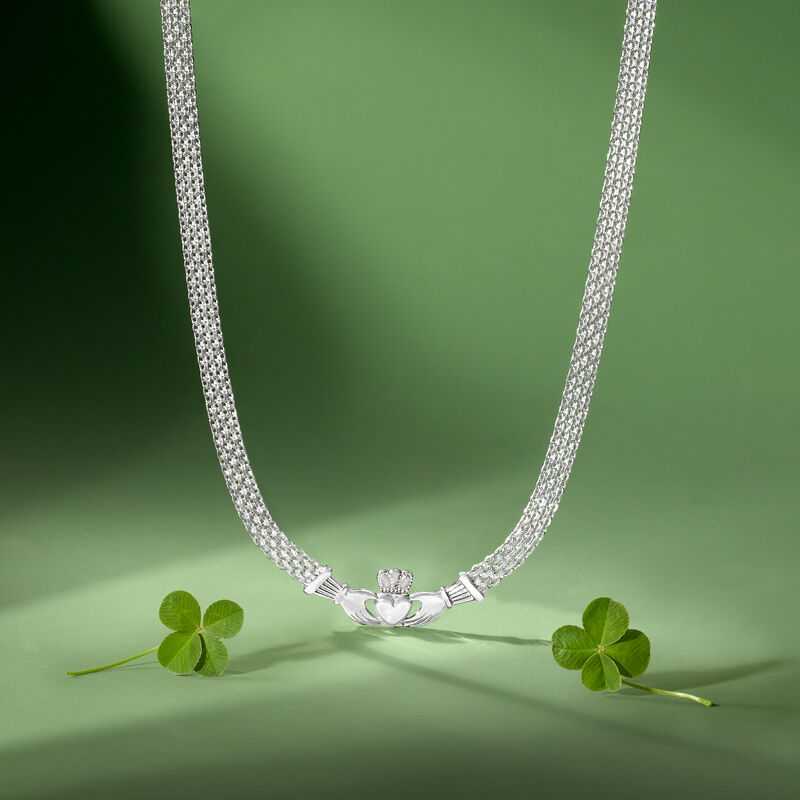 Sterling Silver Bismark-Link Claddagh Necklace image number 3