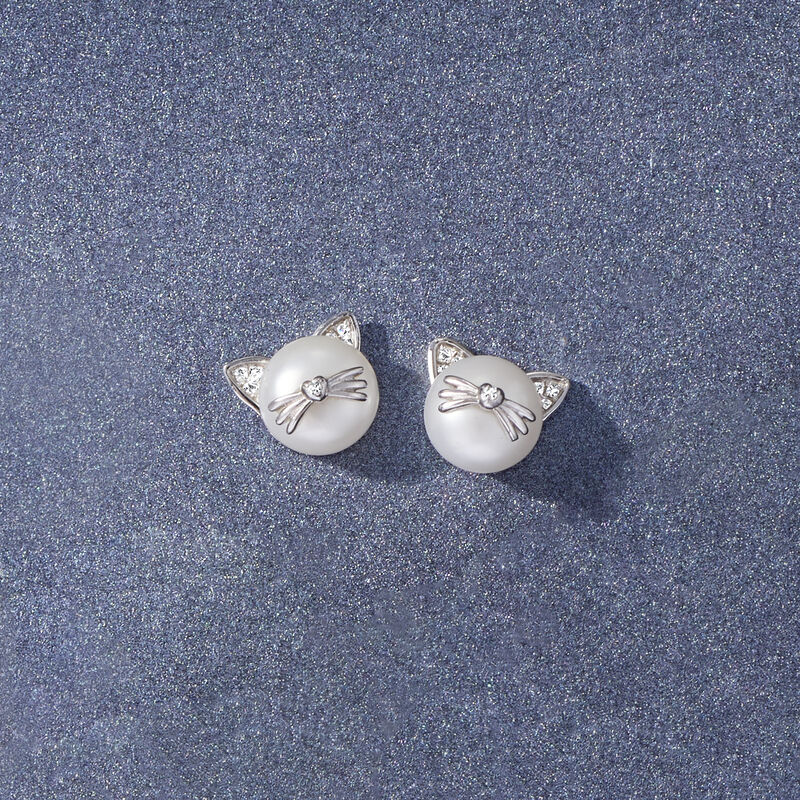 8-8.5mm Cultured Pearl Cat Earrings with Diamonds in Sterling Silver image number 3