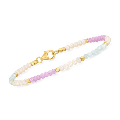 3-3.5mm Cultured Pearl and 4.70 ct. t.w. Pastel Multi-Gemstone Bead Bracelet in 18kt Gold Over Sterling