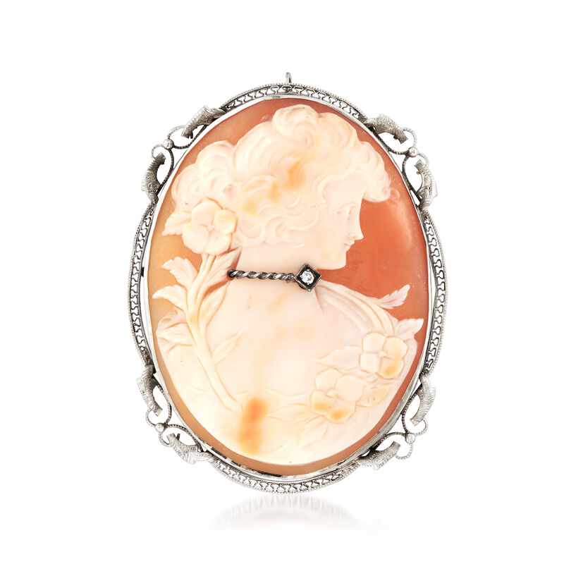 C. 1960 Vintage Pink Shell Cameo Pin Pendant with Diamond Accent in 14kt White Gold image number 1