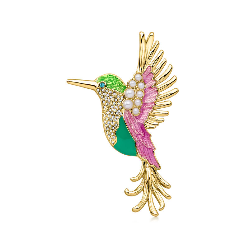 Multicolored Enamel and 14kt Yellow Gold-Plated Hummingbird Pin with Simulated Gemstones and Pearls  image number 0