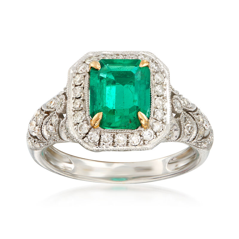 C. 1990 Vintage 2.00 Carat Octagon Colombian Emerald and .75 ct. t.w. Diamond Ring in 18kt White Gold image number 0