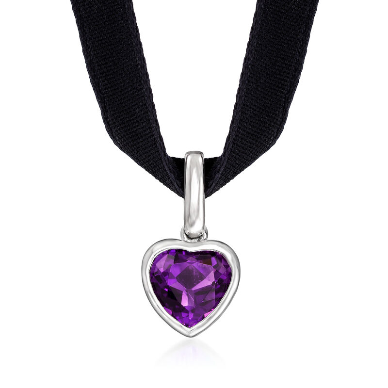 1.80 Carat Amethyst Heart Choker Necklace with Sterling Silver and Black Velvet Cord. 13&quot; image number 2