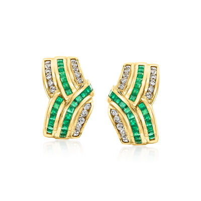 C. 1980 Vintage 2.00 ct. t.w. Emerald and 1.00 ct. t.w. Diamond Curved Earrings in 18kt Yellow Gold