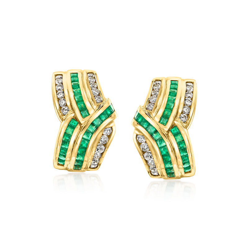 C. 1980 Vintage 2.00 ct. t.w. Emerald and 1.00 ct. t.w. Diamond Curved Earrings in 18kt Yellow Gold image number 0