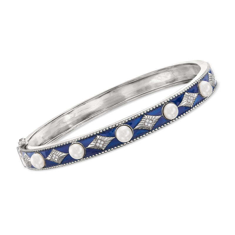 4.5-5mm Cultured Pearl Bangle Bracelet with Blue Enamel and Diamond Accents in Sterling Silver image number 0