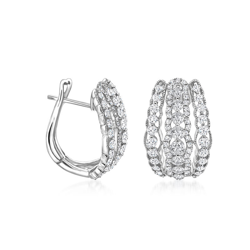 1.50 ct. t.w. Diamond Three-Row Huggie Hoop Earrings in 14kt White Gold. 3/4" image number 0