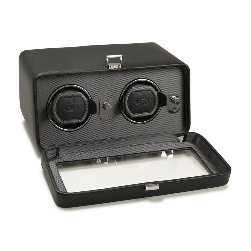 "Windsor" Black Faux Leather Double Watch Winder with Cover by Wolf Designs image number 1