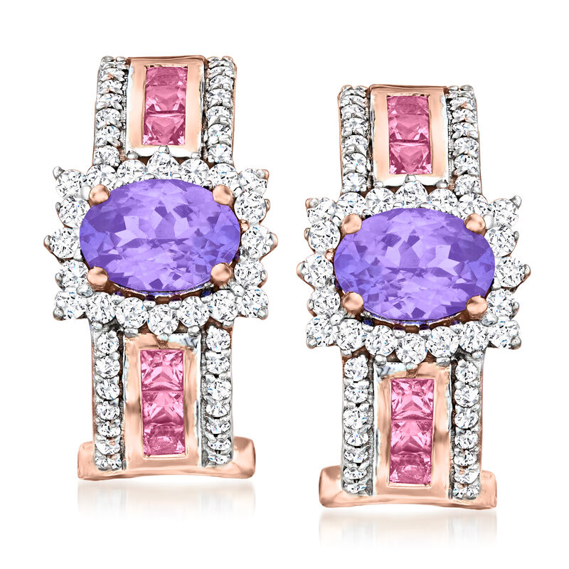 1.80 ct. t.w. Tanzanite and .90 ct. t.w. Pink Sapphire Drop Earrings with .60 ct. t.w. Diamonds in 14kt Rose Gold  image number 0