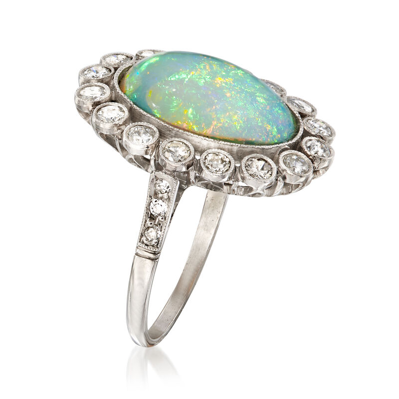 C. 1950 Vintage Opal and .75 ct. t.w. Diamond Ring in Platinum image number 2