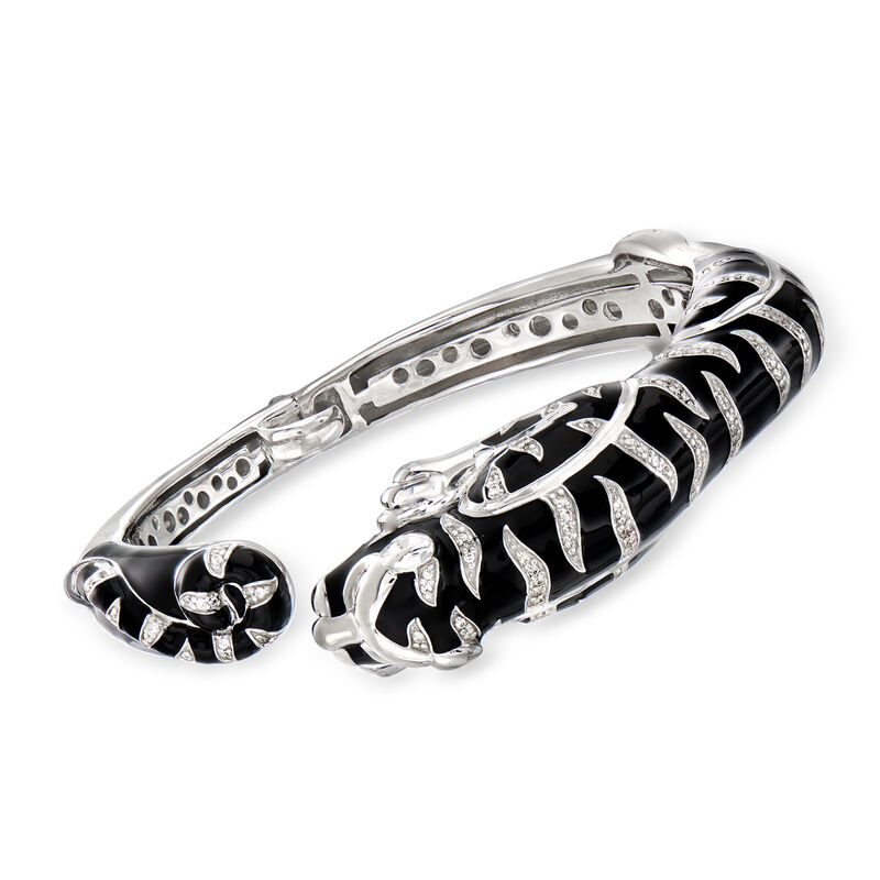 Belle Etoile &quot;Tigre&quot; Black Enamel and .59 ct. t.w. CZ Cuff Bracelet in Sterling Silver. 7.5&quot; image number 0