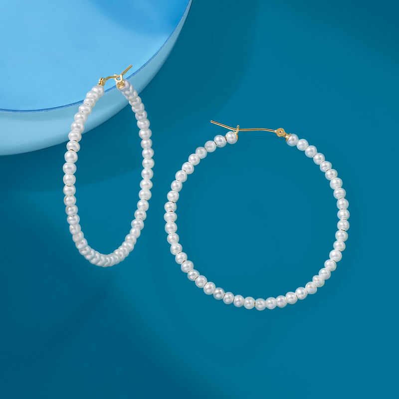 3-4mm Cultured Pearl Hoop Earrings in 14kt Yellow Gold. 1 3/4&quot; image number 2