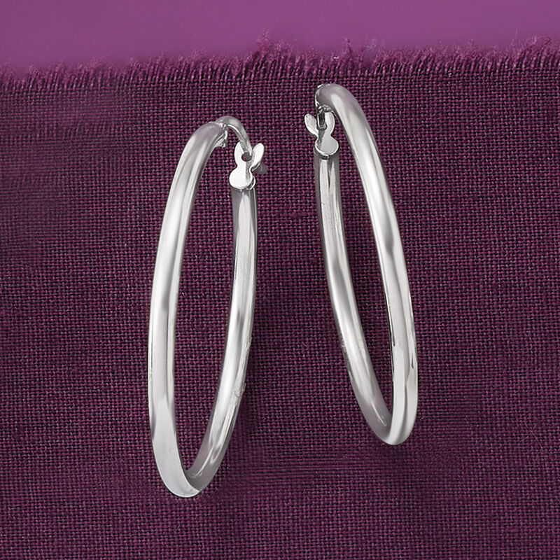 2mm Sterling Silver Hoop Earrings. 1 1/8&quot; image number 2