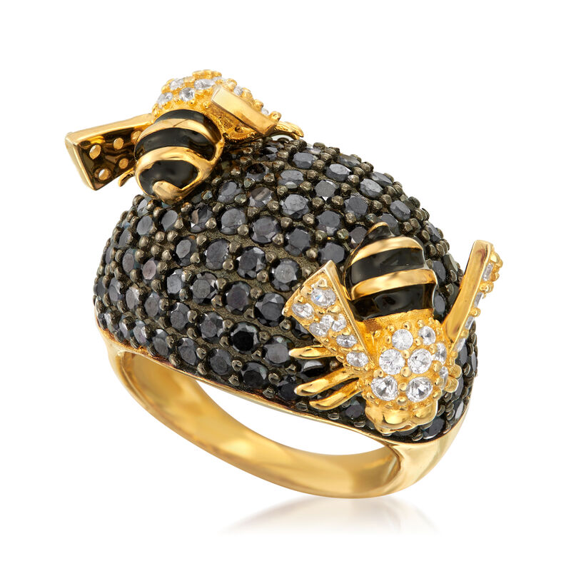 4.45 ct. t.w. Black and White CZ Bumblebee Dome Ring in 18kt Gold Over Sterling with Black Enamel image number 3