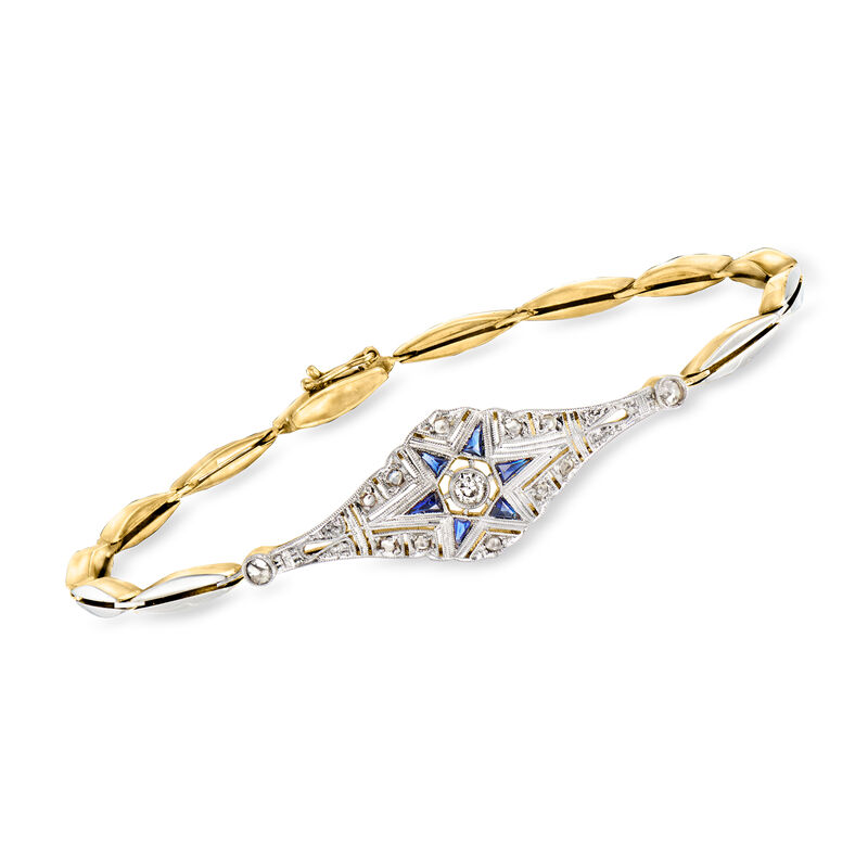 C. 1930 Vintage .20 ct. t.w. Diamond and .12 ct. t.w. Synthetic Sapphire Bracelet in Platinum and 18kt Yellow Gold. 6.25&quot; image number 0