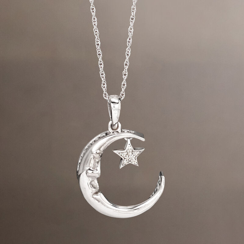 Diamond &quot;Love You to the Moon and Back&quot; Moon and Star Pendant Necklace in Sterling Silver image number 3