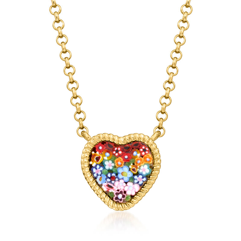 Italian Multicolored Murano Glass Mosaic Floral Heart Necklace in 18kt Gold Over Sterling image number 0