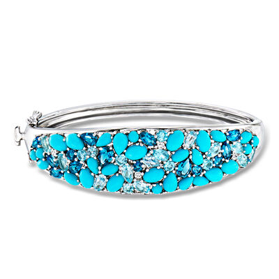 Turquoise and 8.90 ct. t.w. Tonal Blue Topaz Bangle Bracelet with White Zircons in Sterling Silver