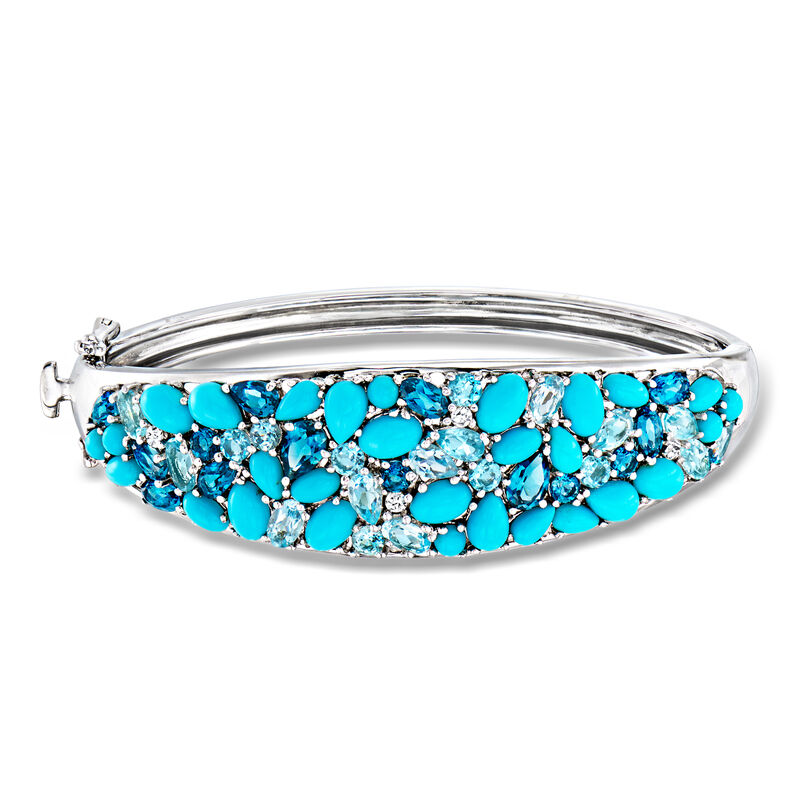 Turquoise and 8.90 ct. t.w. Tonal Blue Topaz Bangle Bracelet with White Zircons in Sterling Silver image number 0