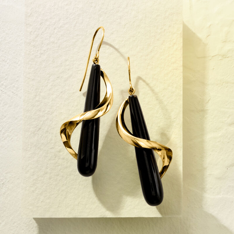 Black Onyx Spiral Drop Earrings in 14kt Yellow Gold  image number 3