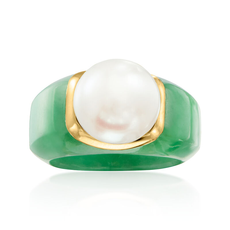 11.5-12mm Cultured Pearl and Jade Ring with 14kt Yellow Gold image number 0