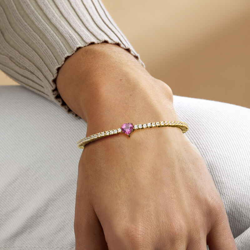 .50 Carat Heart-Shaped Pink Topaz and 3.50 ct. t.w. White Zircon Tennis Bracelet in 18kt Gold Over Sterling. 7&quot; image number 1