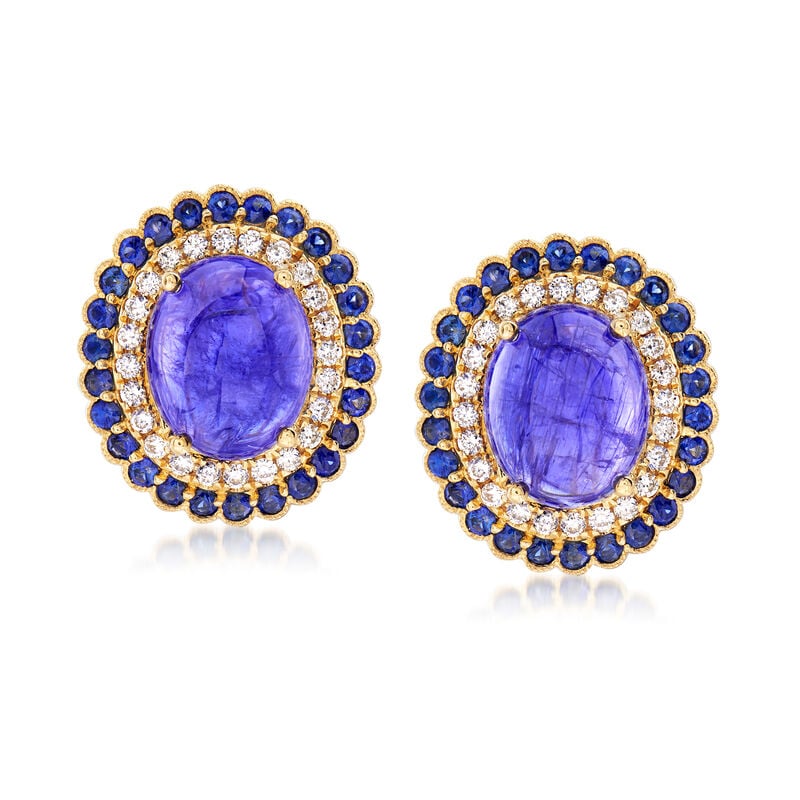 11.00 ct. t.w. Tanzanite, 1.40 ct. t.w. Sapphire and .53 ct. t.w. Diamond Earrings in 18kt Yellow Gold image number 0