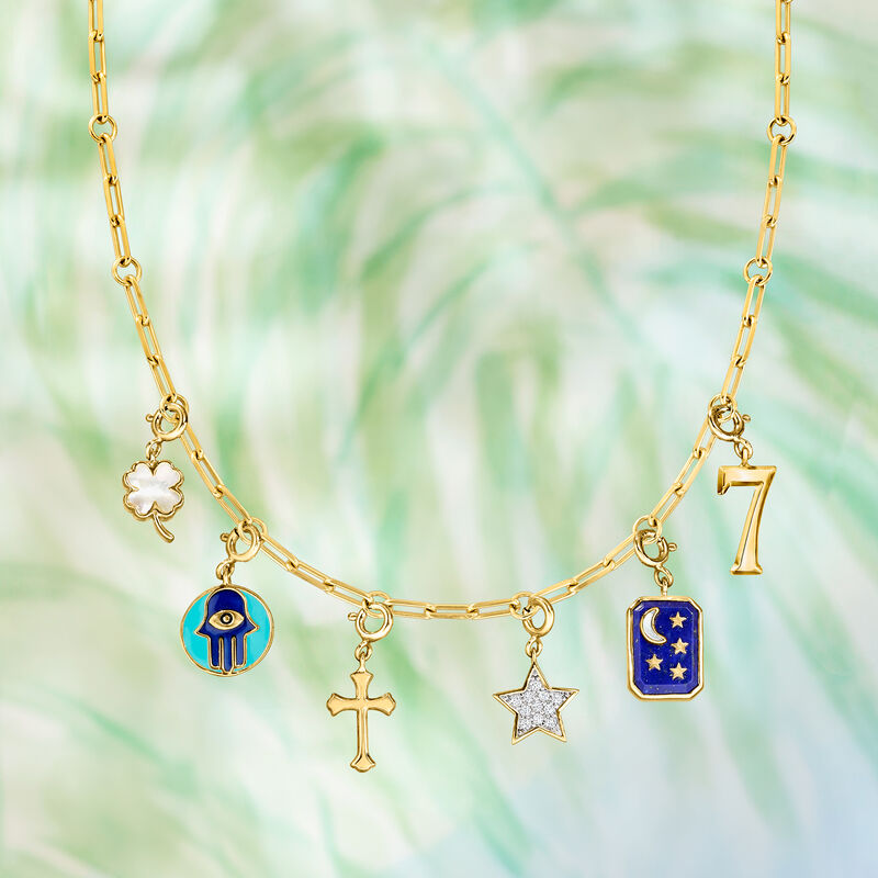 Tonal Blue Enamel Hamsa Charm in 18kt Gold Over Sterling  image number 3