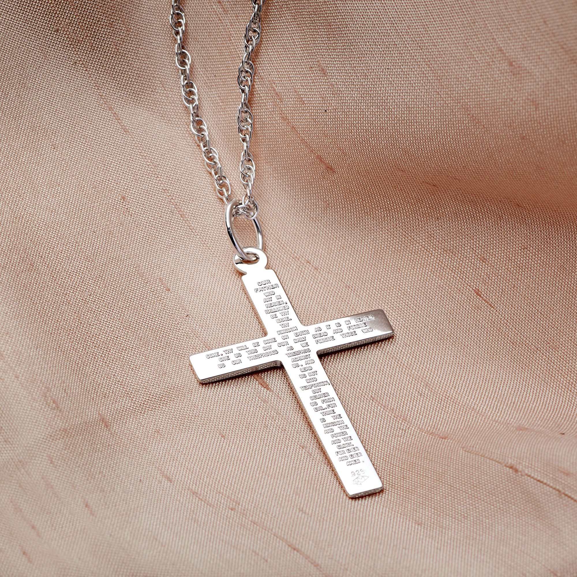 Men s Sterling Silver Lord s Prayer Reversible Cross Pendant Necklace. 22