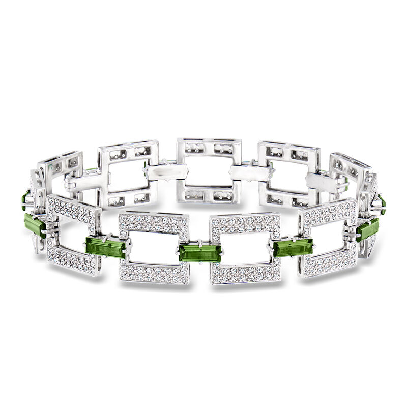 C. 1990 Vintage 5.50 ct. t.w. Green Tourmaline and 3.96 ct. t.w. Diamond Square-Link Bracelet in 18kt White Gold. 7.5" image number 0