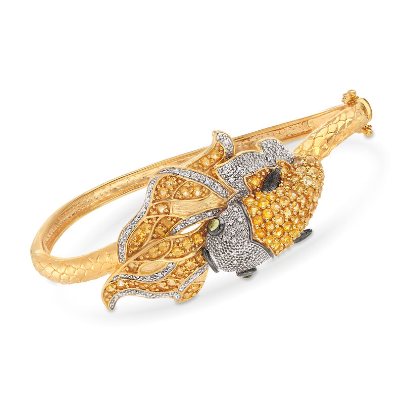 2.60 ct. t.w. Citrine and .20 ct. t.w. Diamond Koi Fish Bangle Bracelet with .10 ct. t.w. Peridots in 18kt Gold Over Sterling Silver. 7&quot; image number 0