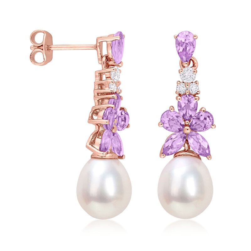 Cultured Pearl, 1.94 ct. t.w. Amethyst and .48 ct. t.w. White Topaz Drop Earrings in 18kt Rose Gold Over Sterling image number 1