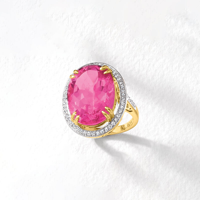 20.00 Carat Pink Topaz and .52 ct. t.w. Diamond Ring in 14kt Yellow Gold image number 4