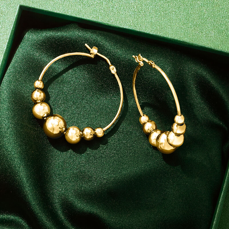 Italian 18kt Gold Over Sterling Graduated Bead Hoop Earrings. 1 1/4&quot; image number 2