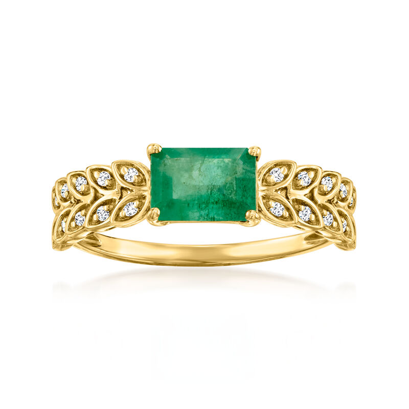 .90 Carat Emerald and .10 ct. t.w. Diamond Leaf Ring in 14kt Yellow Gold image number 0
