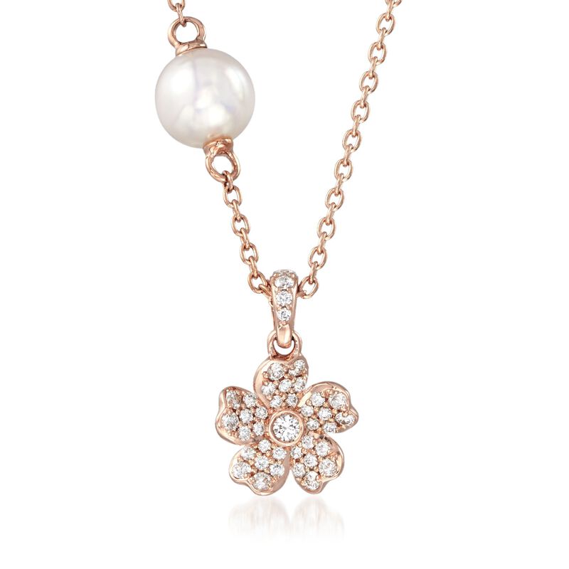 Mikimoto &quot;Cherry Blossom&quot; 5.5mm A+ Akoya Pearl and .13 ct. t.w. Diamond Floral Necklace in 18kt Rose Gold. 16&quot; image number 1