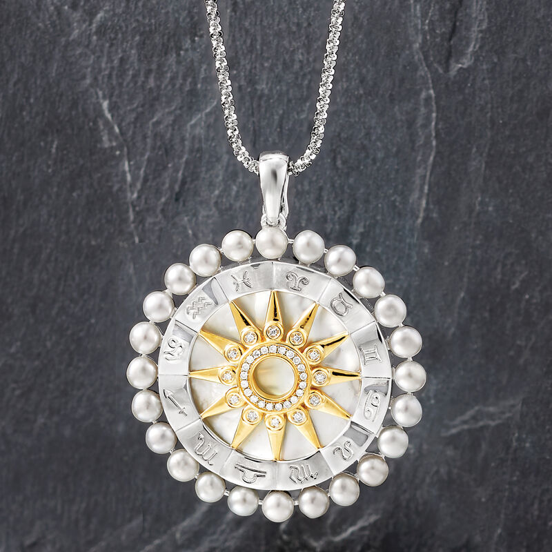 Mother-Of-Pearl and 3.5-4mm Cultured Pearl Zodiac Pendant with .10 ct. t.w. Diamonds in Two-Tone Sterling Silver image number 5