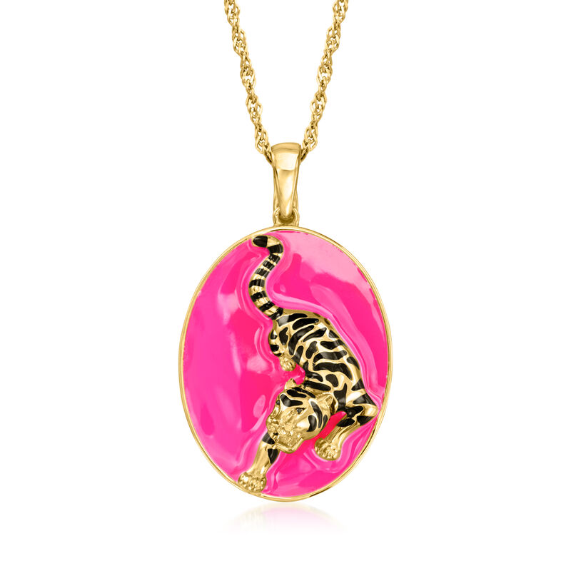 Italian Pink and Black Enamel Tiger Pendant Necklace in 18kt Gold Over Sterling image number 0