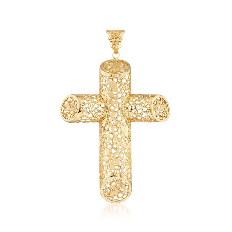 Italian 18kt Yellow Gold Brushed and Polished Angled Filigree Cross Pendant image number 0
