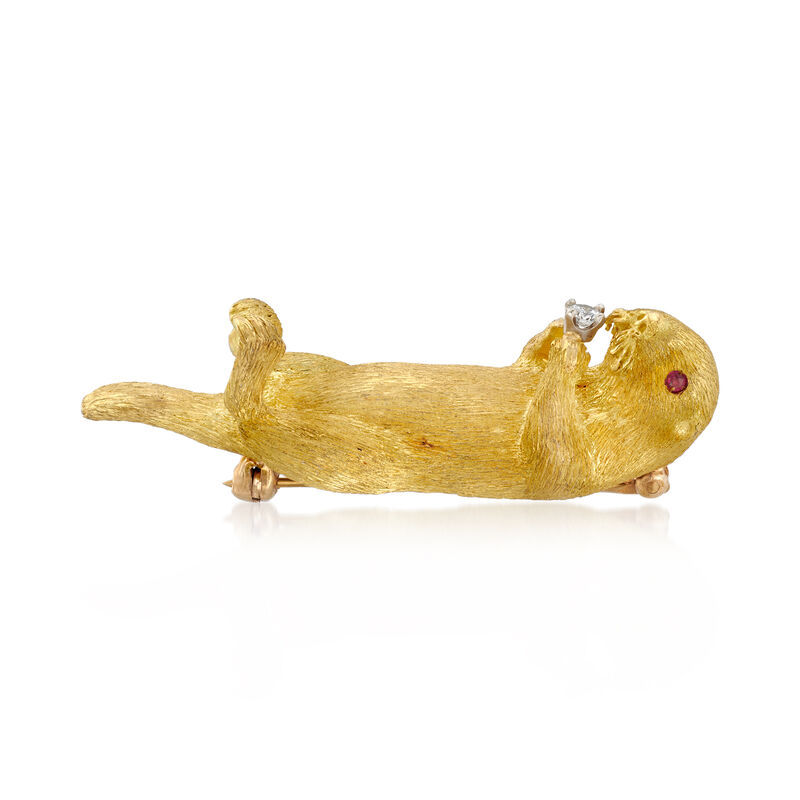 C. 1980 Vintage 18kt Yellow Gold Otter Pin with Diamond and Ruby Accents image number 2