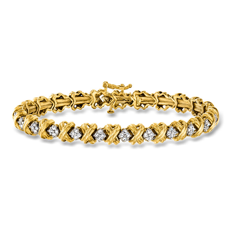 C. 1990 Vintage 1.65 ct. t.w. Diamond XO Bangle Bracelet in 10kt Yellow Gold. 7" image number 0