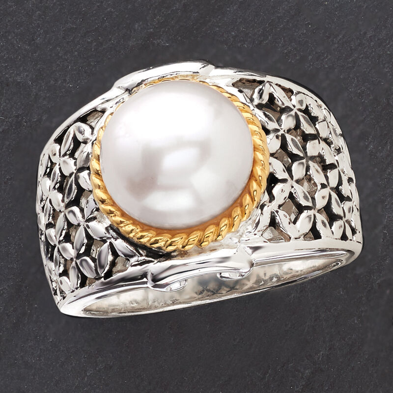 9.5-10mm Cultured Button Pearl Ring in Two-Tone Sterling Silver image number 5