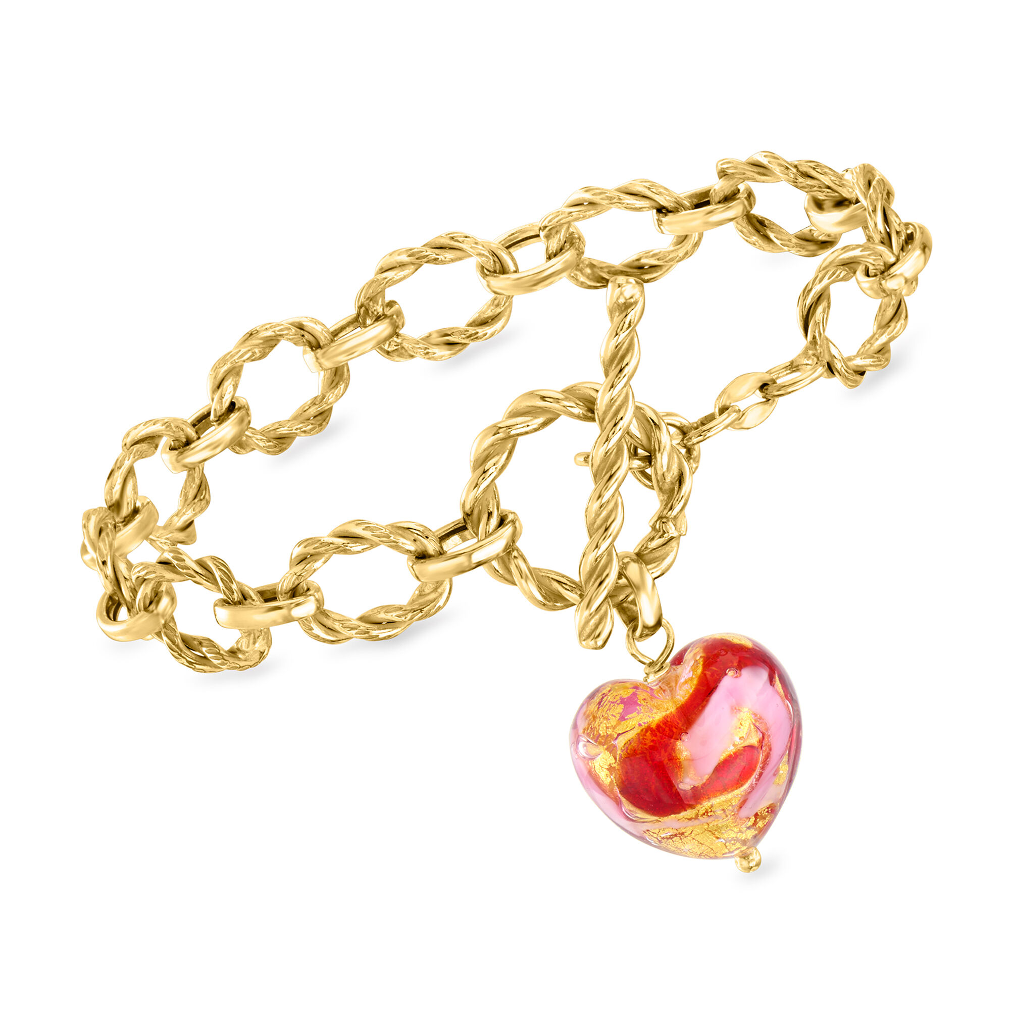 Italian Pink and Red Murano Glass Heart Charm Toggle Bracelet in