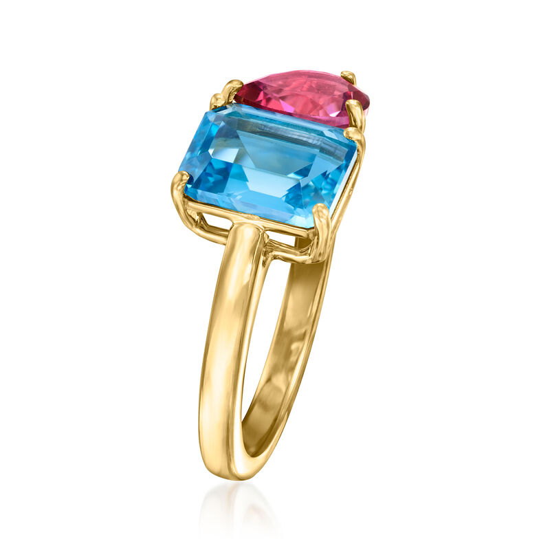3.00 Carat Swiss Blue Topaz and 1.40 Carat Pink Topaz Toi et Moi Ring in 18kt Gold Over Sterling image number 2