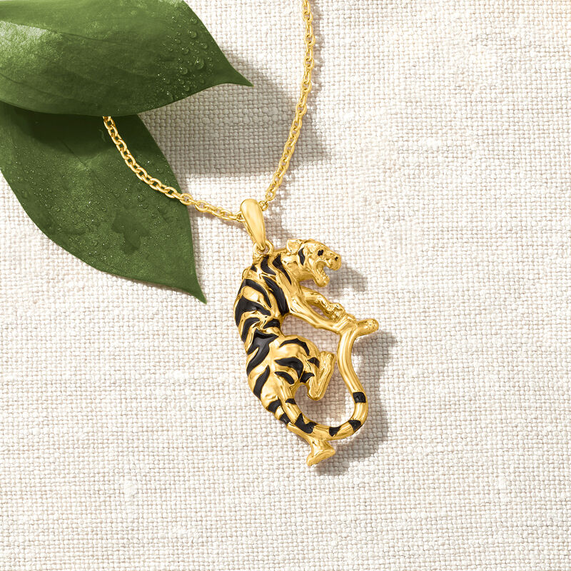 Black Enamel Tiger Pendant Necklace in 18kt Gold Over Sterling image number 3