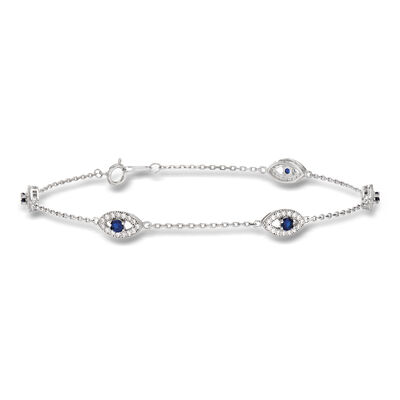 .30 ct. t.w. CZ and .20 ct. t.w. Simulated Sapphire Evil Eye Station Bracelet in Sterling Silver