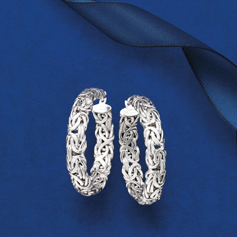 Sterling Silver Large Byzantine Hoop Earrings. 1 1/2&quot; image number 3