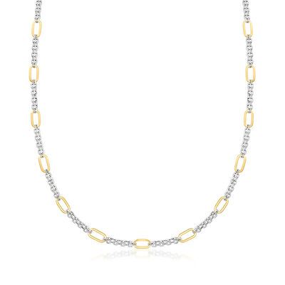 Sterling Silver and 18kt Gold Over Sterling Cable and Paper Clip Link Station Necklace